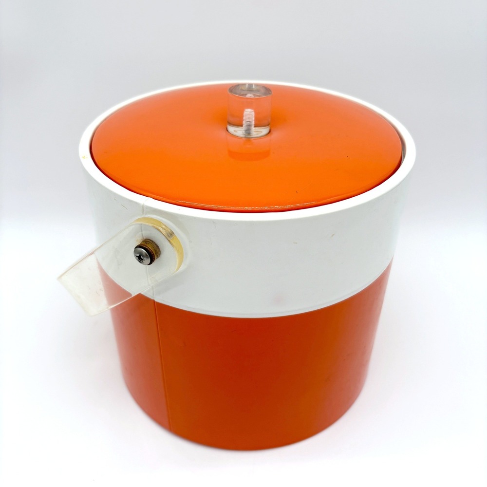 Vintage Mid Century Modern Orange White Ice Bucket Retro Space Age Barware Mod